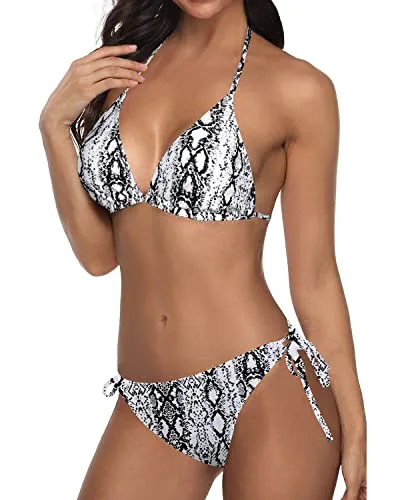 Adjustable Neck And Back Ties Triangle Bikini Push Up Padding 2 Piece Bikini Sets-Snake Skin