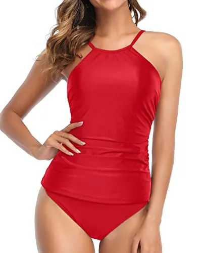 Adjustable Neckline Tankini High Cut Bottom-Red