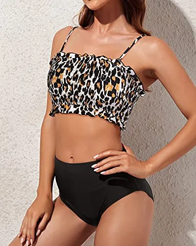 Adjustable Shoulder Straps Design Smocked 2 Piece Swimsuit-Black And Leopard