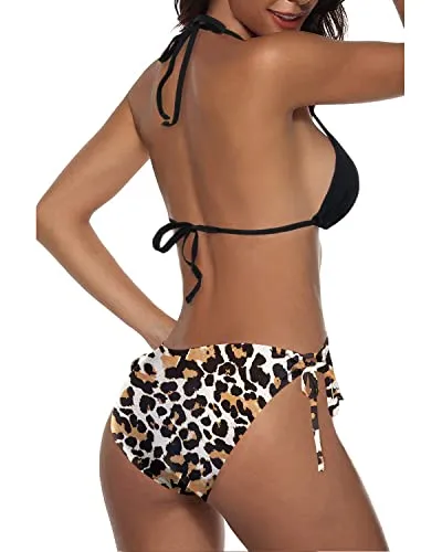 Adjustable Ties Cheeky Triangle Bikini Bathing Suit-Black And Leopard