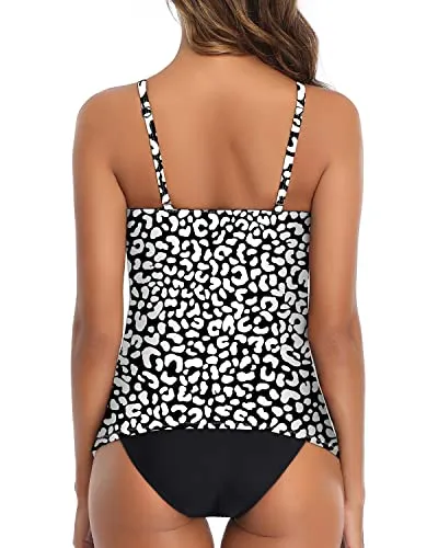 Attention-Grabbing High Neck 2 Piece Tankini Swimsuits For Women-Black And Leopard