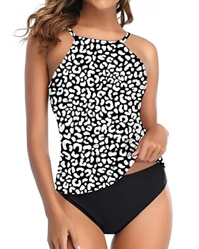 Attention-Grabbing High Neck 2 Piece Tankini Swimsuits For Women-Black And Leopard