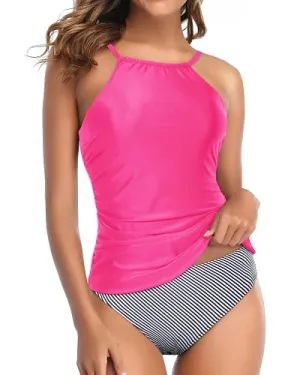 Attention-Grabbing Tankini High Cut Bottom-Hot Pink Stripe
