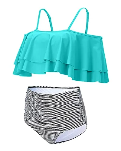 Attractive Off Shoulder Two Piece Bikini For Women-Aqua Stripe