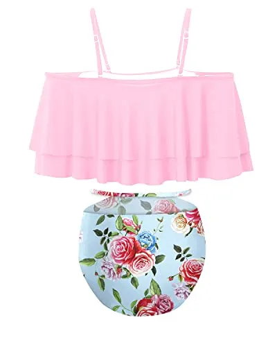 Attractive Side Hollow Out High Waisted Bikini Set Swimsuit-Light Pink Floral