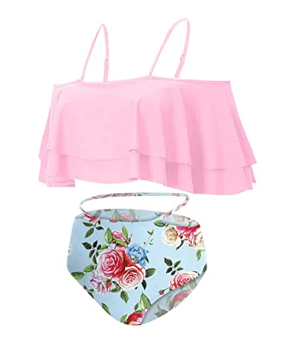 Attractive Side Hollow Out High Waisted Bikini Set Swimsuit-Light Pink Floral