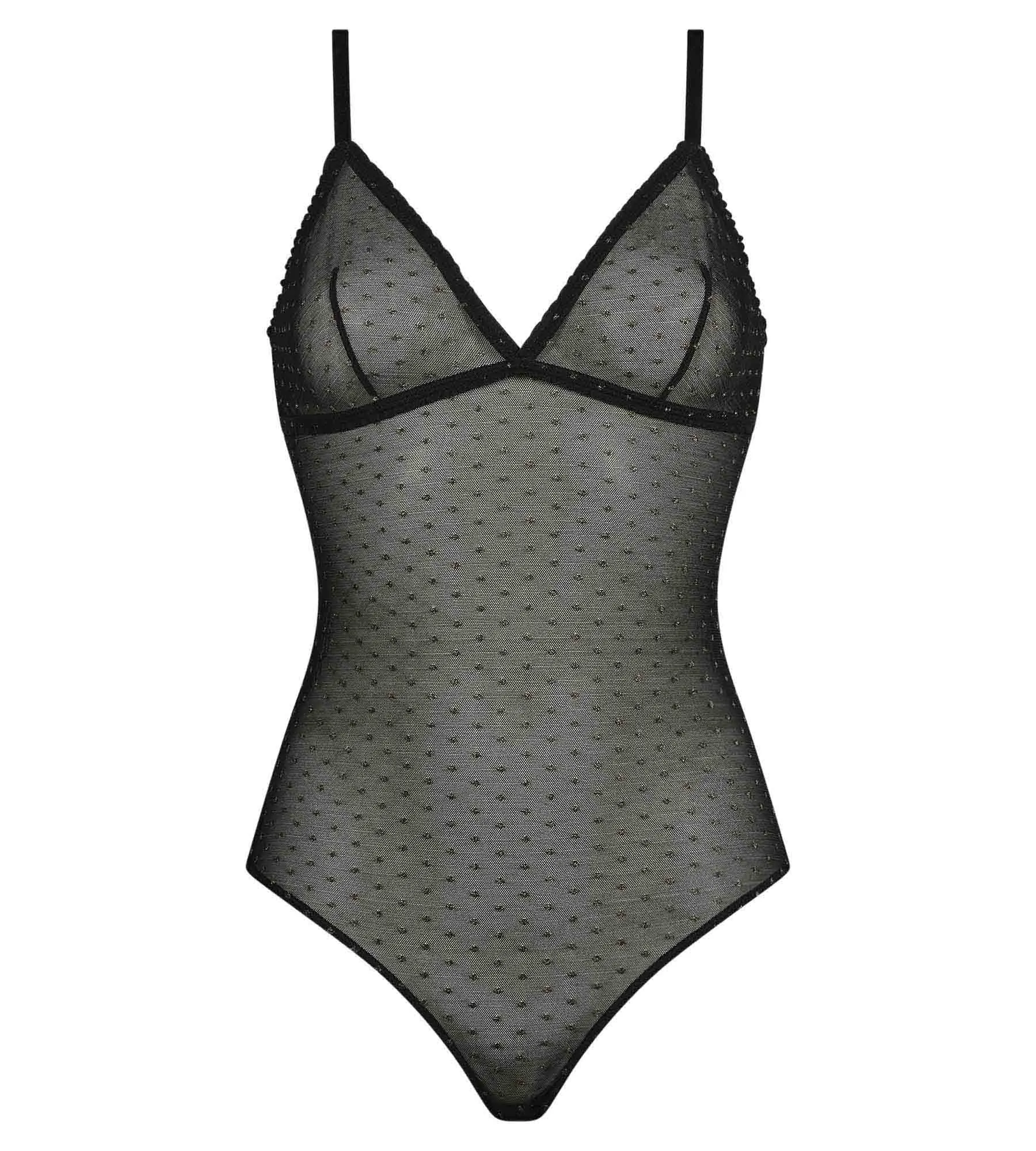 Black translucent tulle bodysuit with Lurex polka dots Dim Shiny Mesh
