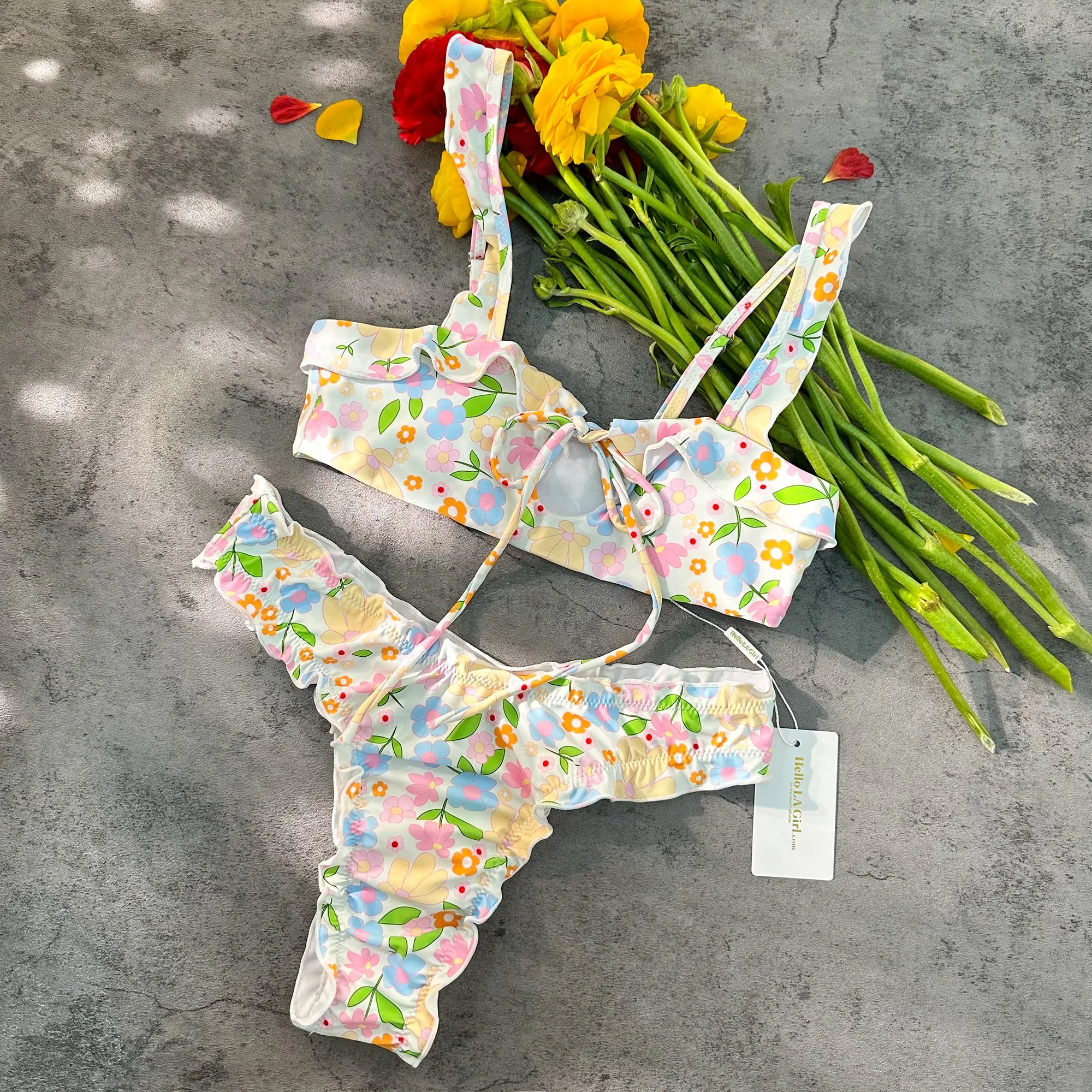 Colored Digital Printing Lace Push Up Hollow Bikini Set