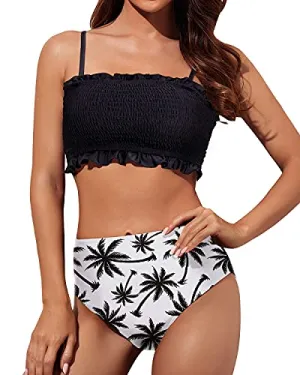 Cute Bathing Suit Bottoms And Ruffled Bikini-Black Palm Tree