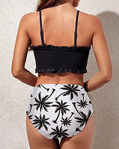 Cute Bathing Suit Bottoms And Ruffled Bikini-Black Palm Tree