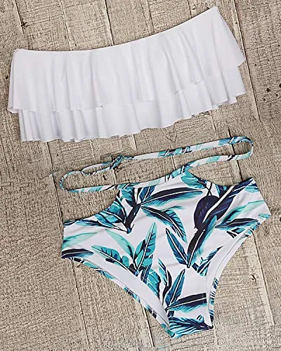 Cute Off Shoulder Two Piece Bikini Swimsuit-White Leaf