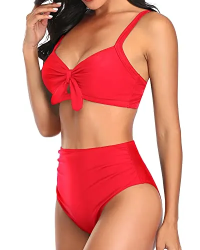 Cute Two Piece Bikini Set Tummy Control Ruched Bikini-Neon Red