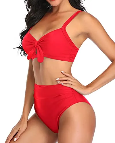 Cute Two Piece Bikini Set Tummy Control Ruched Bikini-Neon Red