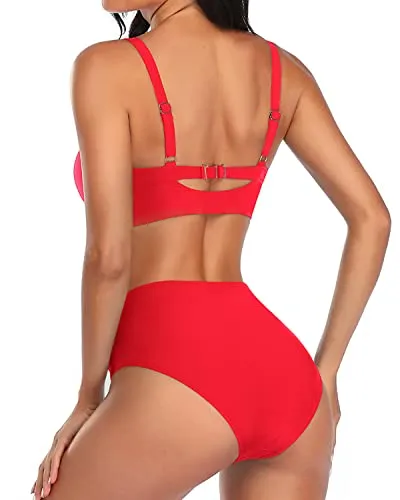 Cute Two Piece Bikini Set Tummy Control Ruched Bikini-Neon Red