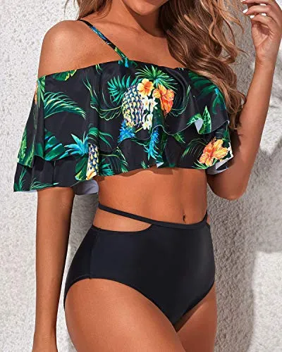 Cute Two Piece Swimsuit For Women High Waisted Ruched Bottoms-Black Pineapple