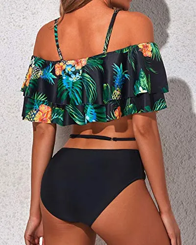 Cute Two Piece Swimsuit For Women High Waisted Ruched Bottoms-Black Pineapple