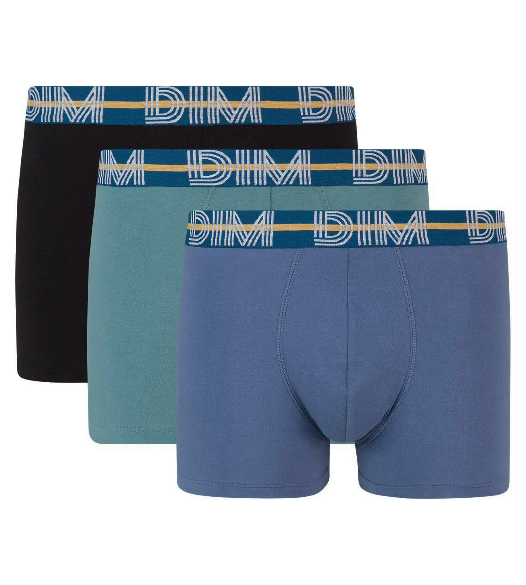 Dim Powerful 3 pack stretch cotton trunks in blue and black with contrast waistband