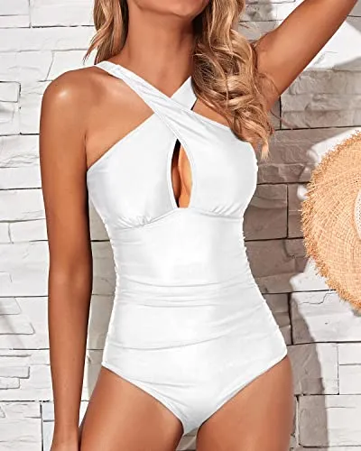 Elegant Backless Design One Piece Front Cross Keyhole Swimsuits-White