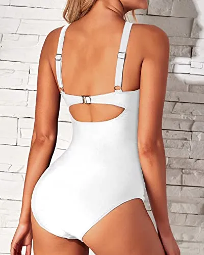 Elegant Backless Design One Piece Front Cross Keyhole Swimsuits-White