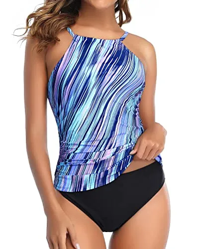 Fashionable High Neck Ruched Tankini Swimsuit For Women-Blue And Black Stripe