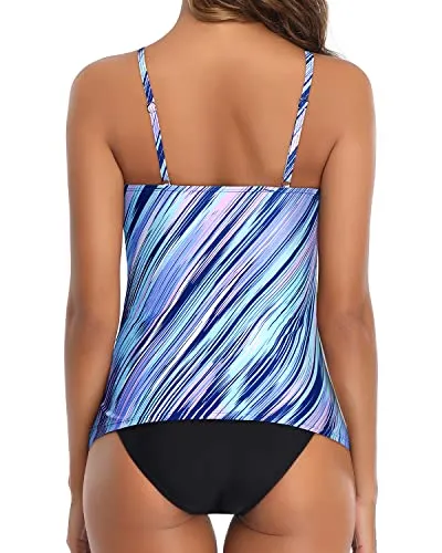 Fashionable High Neck Ruched Tankini Swimsuit For Women-Blue And Black Stripe