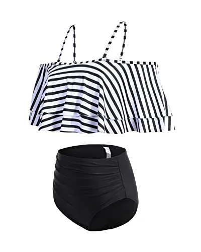 Fashionable High Waisted Ruffle Bikini Set For Beach-Black And White Stripe