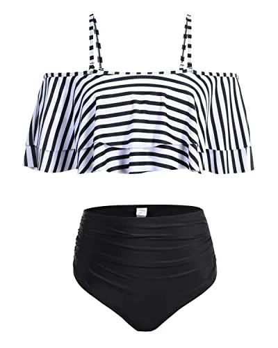 Fashionable High Waisted Ruffle Bikini Set For Beach-Black And White Stripe