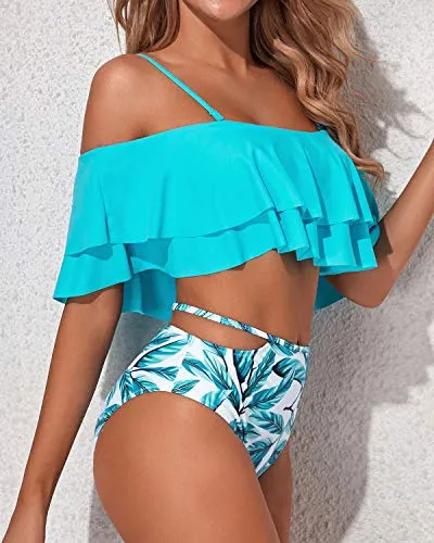 Fashionable Two Piece Bathing Suit For Women Tummy Control Bottoms-Light Blue Green Leaves