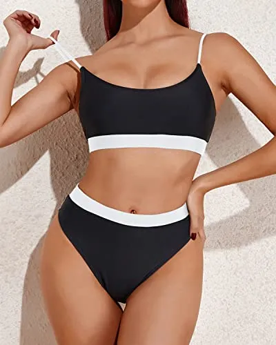 Female Curves Enhancing High Waisted Bikini Sporty Scoop Neck Swimsuits-Black And White