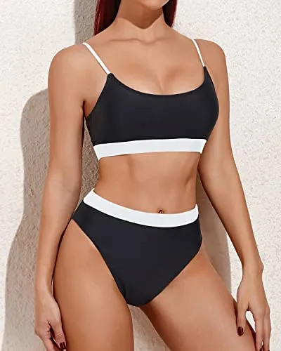 Female Curves Enhancing High Waisted Bikini Sporty Scoop Neck Swimsuits-Black And White