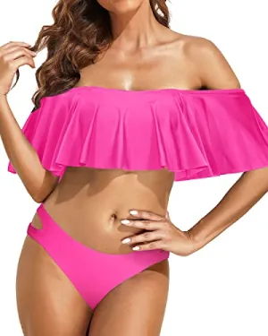 Feminine Two Piece Off Shoulder Ruffle Bikini Set For Women-Neon Pink