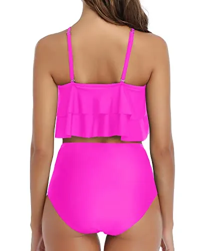 Figure Flattering Ruched High Waisted Bikini Set-Neon Pink