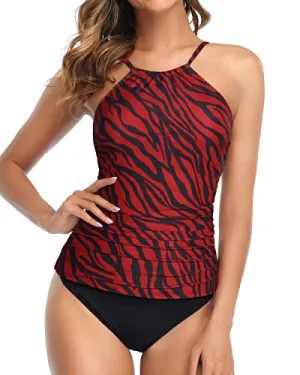 Flirty High Cut Leg 2 Piece Tankini Swimsuits For Women-Red Zebra Pattern