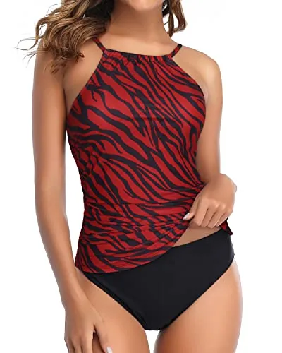 Flirty High Cut Leg 2 Piece Tankini Swimsuits For Women-Red Zebra Pattern