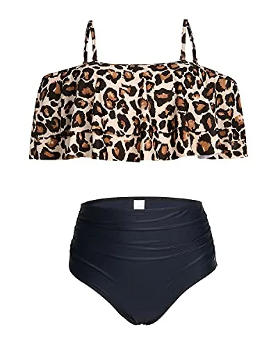 Flirty Ruffle Off Shoulder High Waisted Bikini Set Swimsuit-Black And Leopard