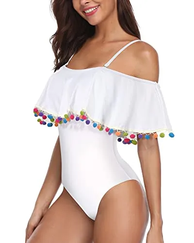 Flounce Retro Bathing Suit For Women One Piece Swimwear-White