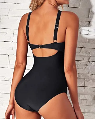 Front Cross Keyhole Tummy Control Women One Piece Swimsuits-Black