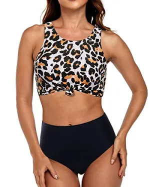 Full Coverage High Waist Bikini Set High Neck Top-Black And Leopard