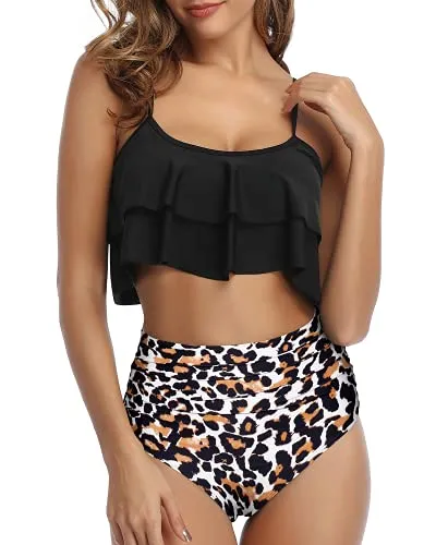 Gorgeous Ruffle Bikini Set Deep Crew Neckline And High Waisted Bottom-Black And Leopard