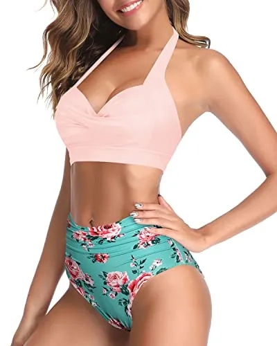 Halter Ruched High Waist Bikini Women's Bikini Swimsuits-Green And Pink Floral