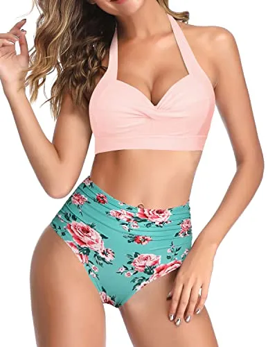Halter Ruched High Waist Bikini Women's Bikini Swimsuits-Green And Pink Floral