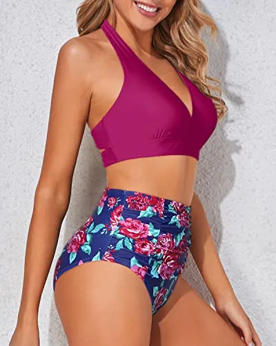 Halter Self-Tie Two Piece High Waisted Bikini Set-Pink Floral