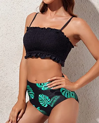 High Cut Bandeau Two Piece Bikini Tummy Control Bottoms-Black Leaf