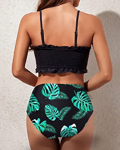 High Cut Bandeau Two Piece Bikini Tummy Control Bottoms-Black Leaf