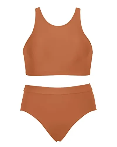 High Neck Sporty Bikini Set 2 Piece Bathing Suits For Teen Girls-Brown