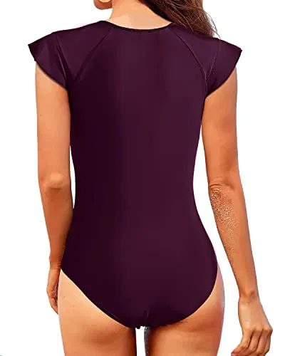 High Neck Zipper One Piece Short Sleeve Rash Guard For Women-Maroon