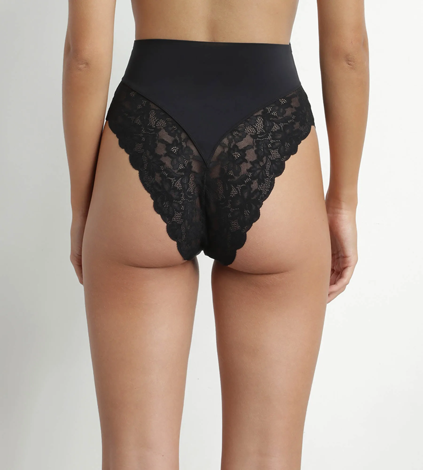 High-Waist Shaping Thong in Microfibre and Lace Black – Dim Silhouette Elegance