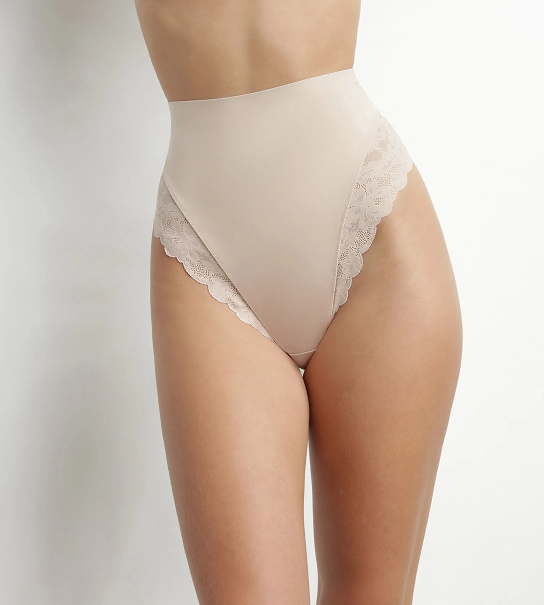 High-Waist Shaping Thong in Microfibre and Lace Nude – Dim Silhouette Elegance