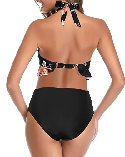 High Waisted Bikini Push Up Ruffle Two Piece Swimsuits-Black Orange Floral