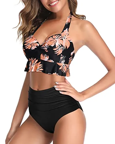 High Waisted Bikini Push Up Ruffle Two Piece Swimsuits-Black Orange Floral